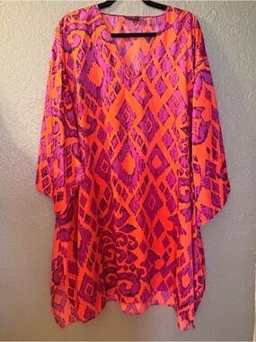 Natori Orange and Fuchsia Ikat-Print V-Neck Tunic Gorgeous Size Large